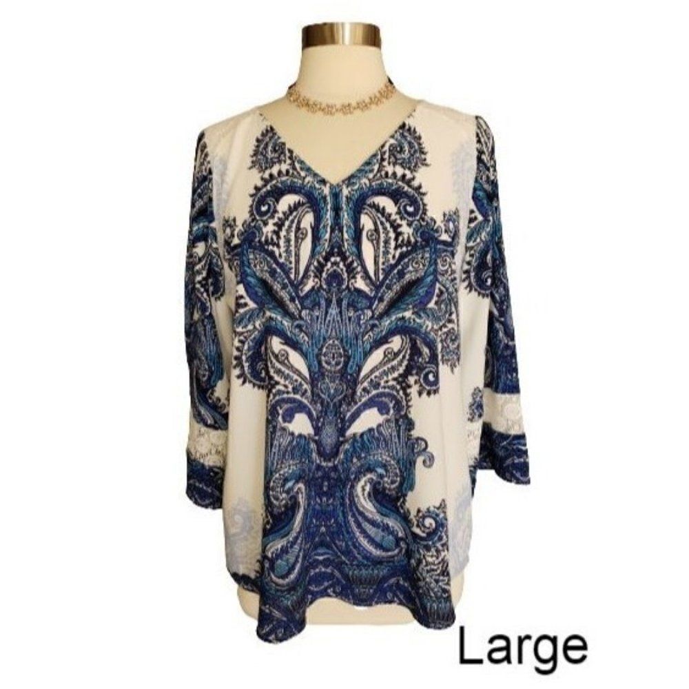 Women's Tunic Lg Lace V-Neck 3/4 Sleeve Blouse Blue Paisley Top Large NWOT